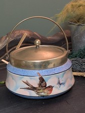 Palissy Ware Biscuit Barrel Birds/ Clouds Brass Lid Reg No 893121 1930s England