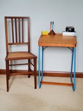Vintage Tri-ang Wooden Desk with Retro Blue Metal Legs, 1960s/70s Design Classic