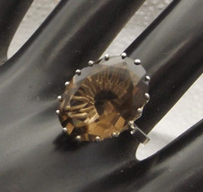 Vintage sterling silver dress ring large oval faceted Smoky Quartz stone size P