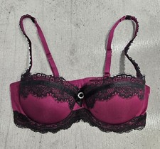 Size 34B H&M Push Up Padded Bra Purple Satin Black Lace Lingerie Removable Pads