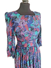 Vintage Winter Dress Vivien Smith UK 10 Floral 1980s Cotton Pockets Full Skirt