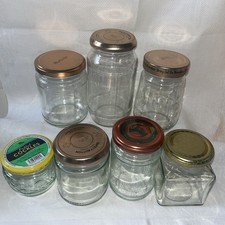 7 Empty Jam Jars Clear Clean Glass Inc lids Chutney Craft Storage Wedding (G2)