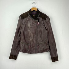 Welligogs Leather Jacket Womens XS UK 8 Brown Short Diagonal Zip Soft Suede Trim