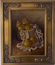 Crin Gale,  British b.1947  oil painting  Still life "Pears and lace" framed