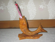 Wooden FISH Figure Ornament PEN HOLDER  Carved Details Vintage VGC Fishing Desk