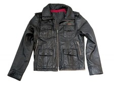 Mens SUPERDRY Brad Leather Jacket Vintage Medium M Black Biker Distressed Coat 