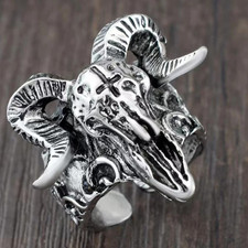 Vintage Gothic Baphomet Goat Skull Ring for Men Women Punk Style Adjustable Ring