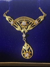 Edwardian 9ct 2 Tone Gold Diamond Set Filigree  Lavaliere Pendant Necklace 16” 