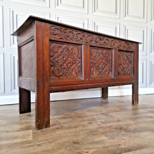 Antique High Wooden Mule Chest 17th C Carved Panel Blanket Box Trunk Coffer