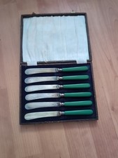 Cased set of vintage six butter knives or possibly dessert knives