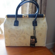 Stunning Vintage Pelle di Giada Leather Crocodile Embossed Handbag Cream & Blue