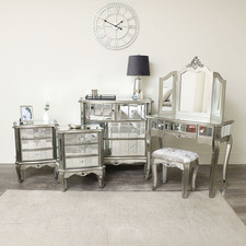 Silver Mirrored Chest of Drawers, Dressing Table Set & 3 Drawer Bedside Tables -