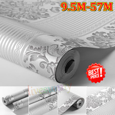 57M Silver Grey Glitter Wallpaper Damask Textured Embossed Non-Woven Wallpaper.*