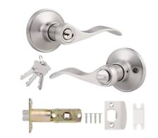  1 Pack Satin Nickel Door Handle Lock, Entrance Door Handles with Lock and Key