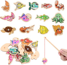 Magnetic Fishing Game for Kids, 14 Pcs Wooden Fish Educational Toys, Ocean Anima