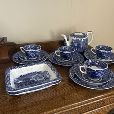 George Jones & Sons Abbey 1790 4x trios Blue & White & 2 Shredded Wheat Bowls 