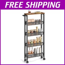 Slim Rolling Cart, 5-Tier Storage, Metal Frame, Rustic Brown