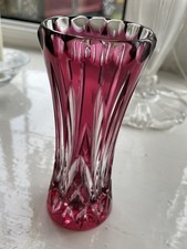 Lovely Antique Ruby Red Bohemian Cut To Clear Glass Vase   V Good Condition