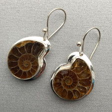 Vintage Style Bohemian Hippy Ethnic 925 Silver Ammonite Fossil Earrings