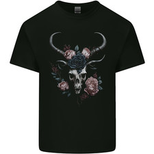 A Gothic Goat Skull With Flowers Roses Goth Mens Cotton T-Shirt Tee Top
