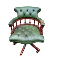 Vintage Leather Captains Desk Chair Green Chesterfield Style Please Read 