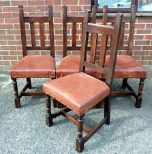 Set 4 Arts & Crafts antique Gustav Stickley solid oak tan leather dining chairs