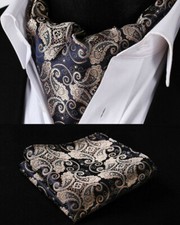 NEW Gold Navy Blue Paisley Silk Cravat Brown Scarf Ascot Tie FREE Hanky
