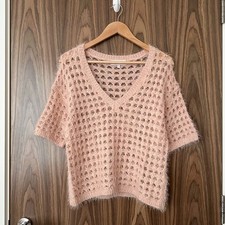 NEXT Pink Peach Soft Fluffy Fuzzy Open Knit V Neck Short Sleeve Jumper Top M