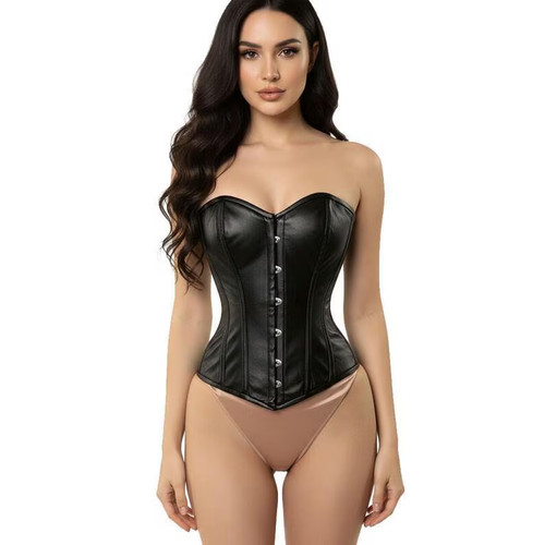 Black leather overbust corset - black,