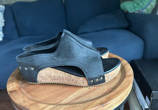 Womens Black Faux Leather Slip On Open Toe Cork Wedge Stud Mules EU40 UK6.5 New