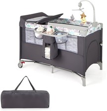 5in1 Baby Travel Cot Bedside Crib Bassinet w/ Mattress Changer Music Toys Grey