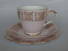 Baby Pink & Gold Vintage Trio Cup Saucer Tea Cake Plate Queen Anne