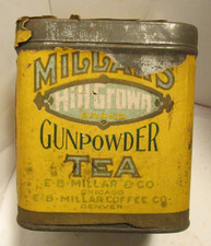 vlintage tin Hillgrown gunpowder tea E.B.Miller coffee co Denver,Co.3 1/2" tall