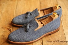 Grenson Blue Canvas Leather Tasselled Shoes Loafers Mens UK 9.5 E US 10.5