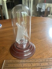 Vintage Spun Glass Sailing Boat Ship in a Glass Dome/cloche On Wood Base