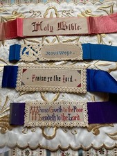 4 Antique/Victorian Embroidered Bristol Board Religious Bookmarks