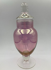 Vintage Pink Clear Glass Apothecary Bon Bon Jar + Lid Pedestal Display Storage