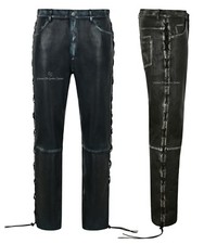 Men's Real Leather Trousers Biker Laced Vintage 100% Lambskin Riding Pants 00126