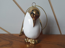 PENGUIN beautiful bird ceramic Christmas tree bauble, decoration GOLD & WHITE