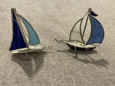 Set of Stained Glass Sailboat Vintage Nautical Shelf Chotchky Boats Decor