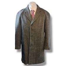 Hepworth Crombie Mens Tweed Overcoat Size 42 Grey Pure Wool Raglan Sleeves Check