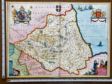 Large Old Tudor Blaeu Poster Map County Durham, England 1665 1600's REPRINT Rare