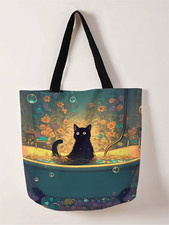 Illustrated Black Cat Tote Bag