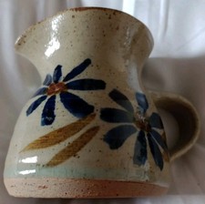 Studio Pottery Stoneware Jug Blue Brown Hand Painted Floral Decoration VGC 8.5cm
