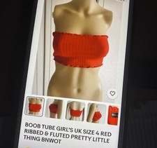 BOOB TUBE GIRL’S UK SIZE 4 SMALL WOMEN’S RED RIBBED &FLUTED PRETTY LITTLE THING