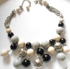 Jaeger Tassel Statement Necklace silver chains black grey cream beads vgc