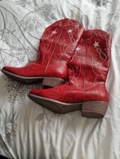 Cowboy Boots, Red Size Uk6, Low Heel, Embroidered, Pull On, New.