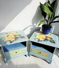 Painted Bedside Tables Blue Yellow Roses Cabinets Stag Cabinets Upcycled Upcycle