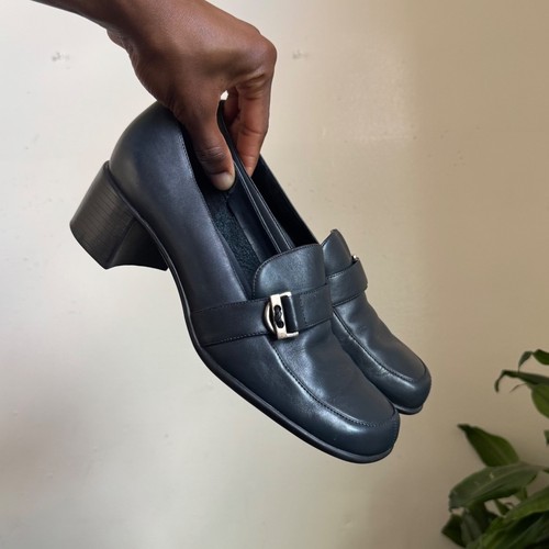 90s navy leather block heel - 90s,