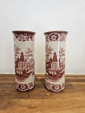 Pair Victorian Matching  Red Transfer Ware Mantle Vases 